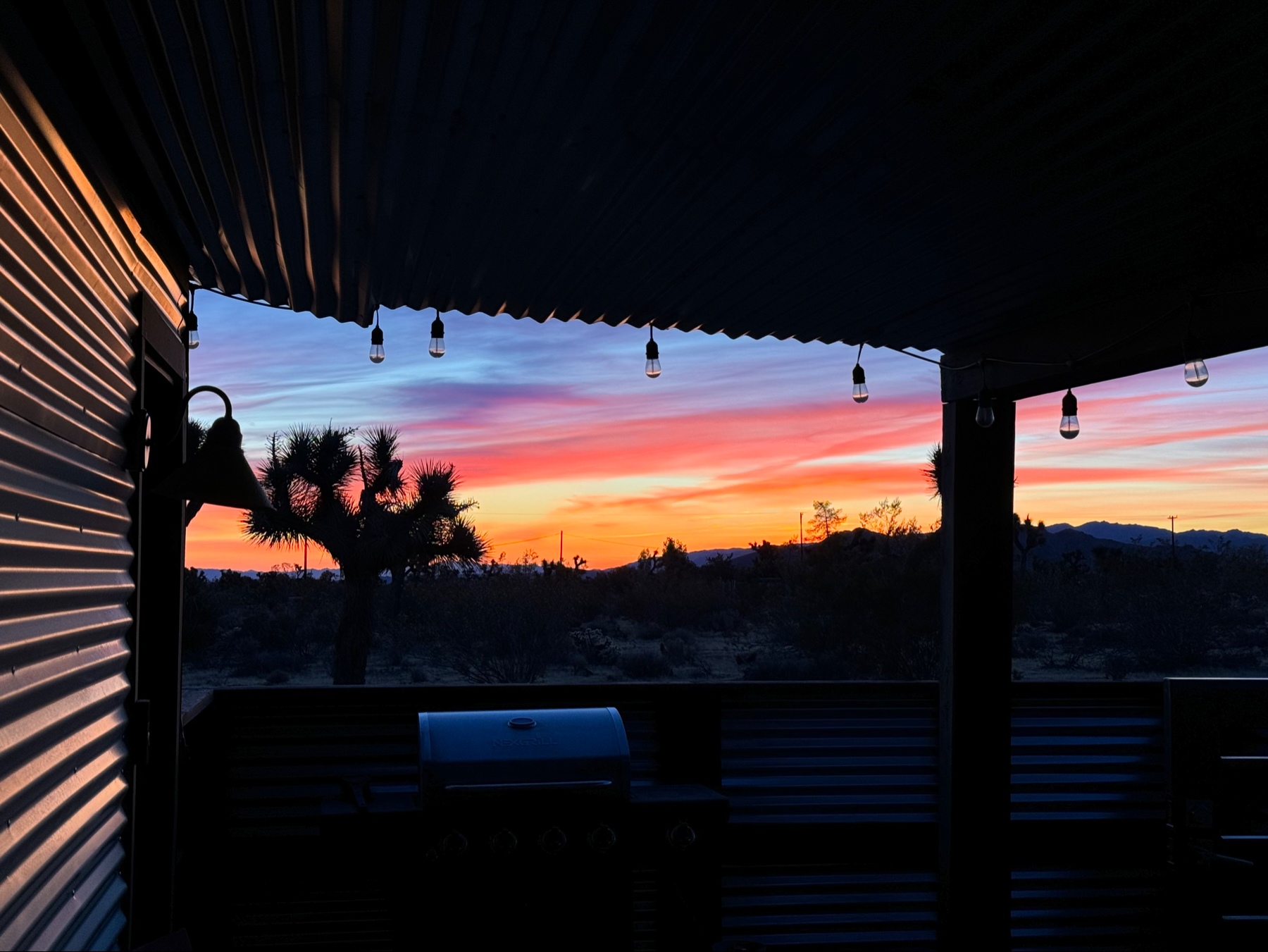 Colorful morning sunrise in the background and silhouetted porch in the foreground. In between there is a silhouette of a Joshua Tree.