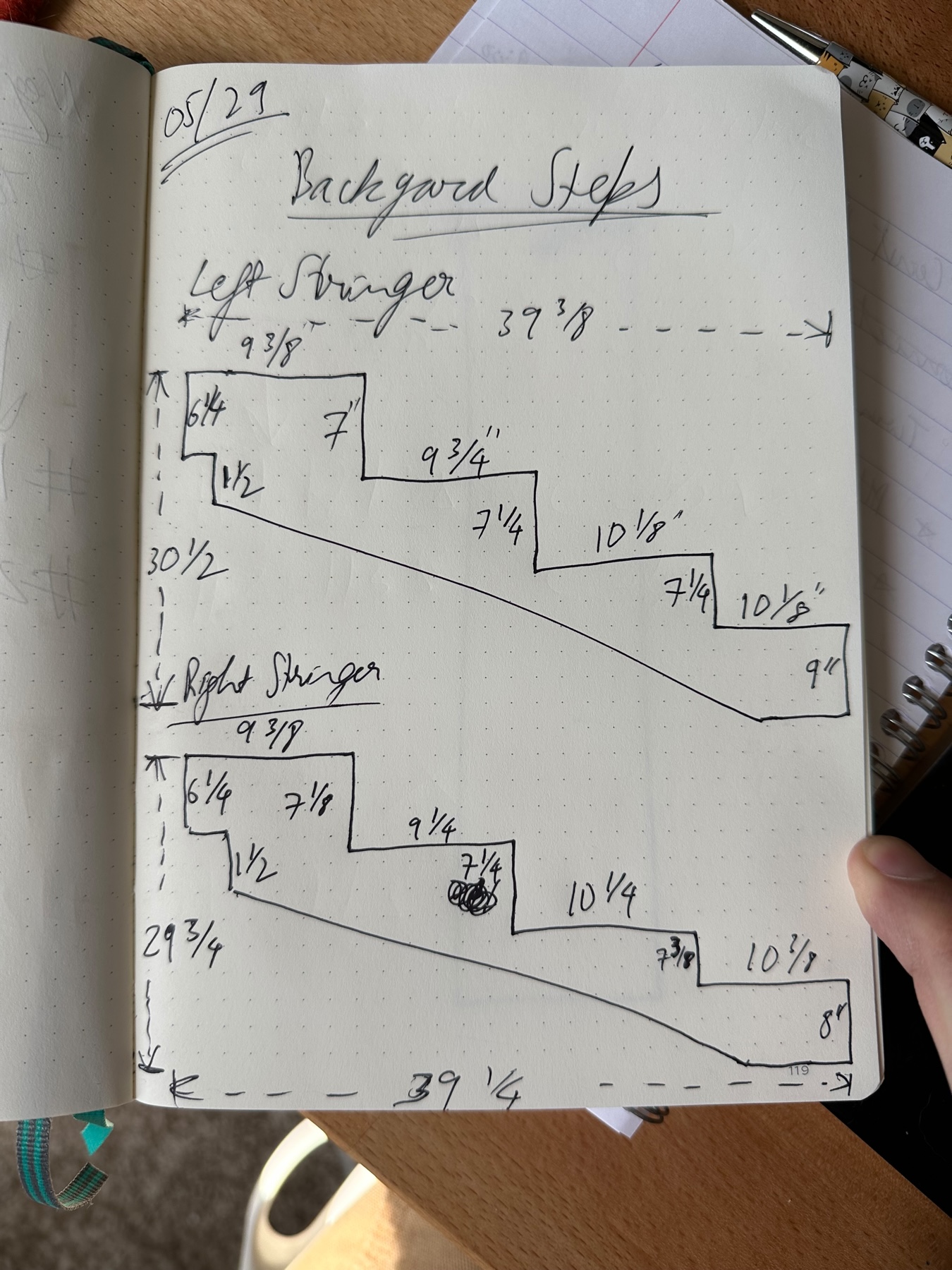 A page in a notebook with a rough sketch showing the geometry and measurements on each stringer. They differ significantly.