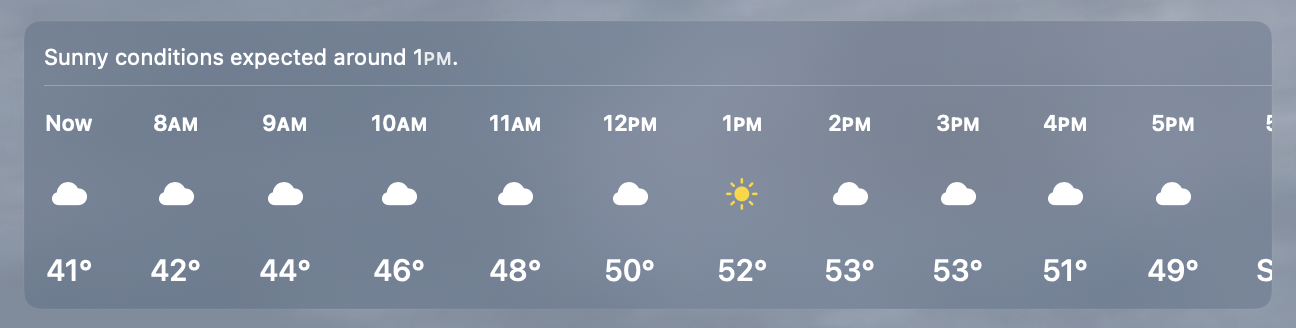 A screenshot showing weather conditions for the day. Every hour has a “cloud” icon, except for a “sun” icon at 1pm.