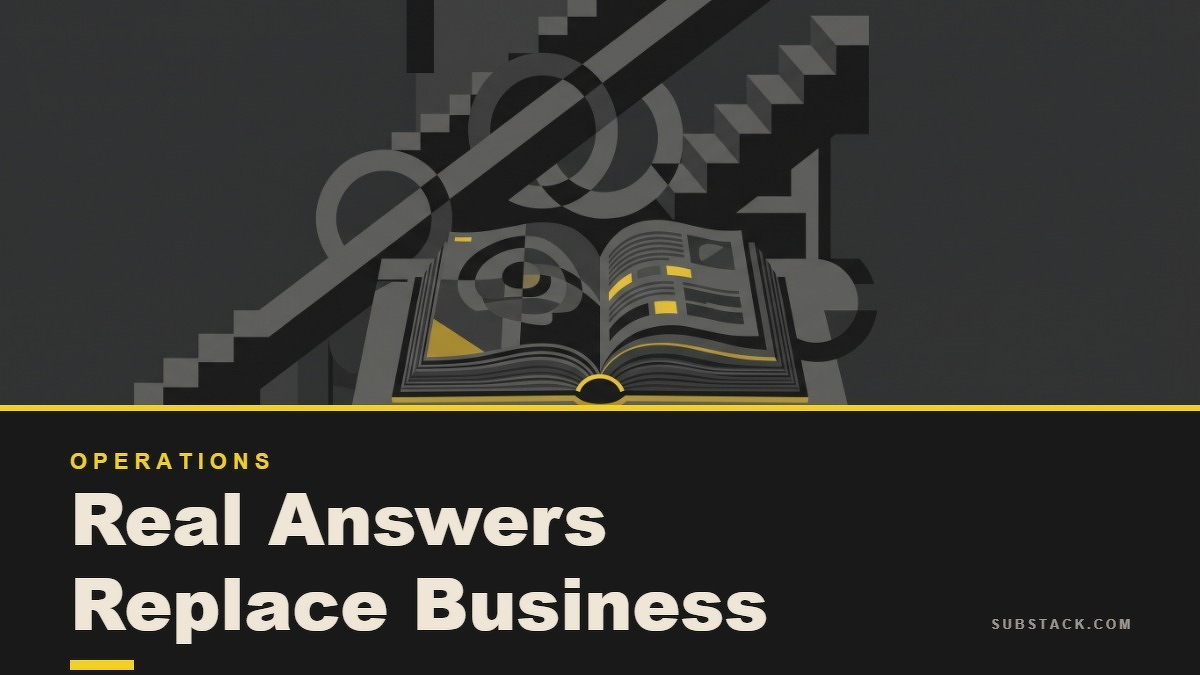 Social card for substack.com: "Real Answers Replace Business Fluff", flat-design graphic, split layout, paper palette, checklist motif.