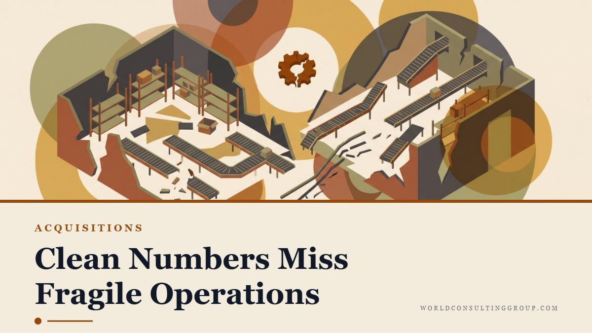 Social card for worldconsultinggroup.com: "Clean Numbers Miss Fragile Operations", flat-design graphic, split layout, cobalt palette, warning motif.