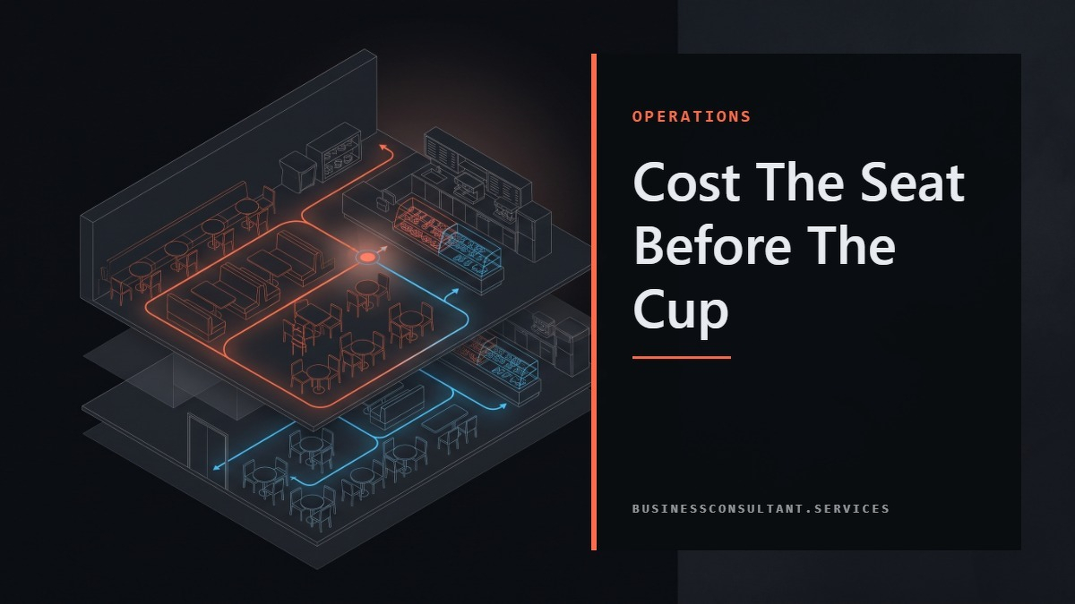 Social card for businessconsultant.services: "Cost The Seat Before The Cup", flat-design graphic, diagonal layout, chart motif.