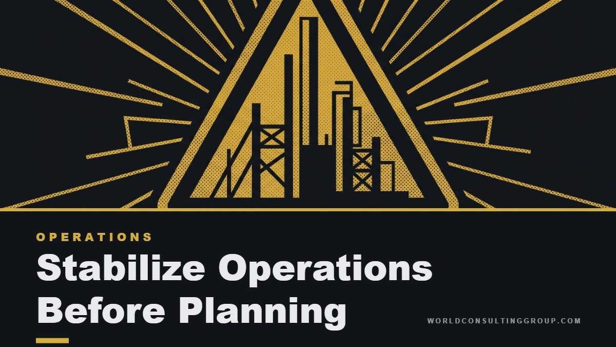 Social card for worldconsultinggroup.com: "Stabilize Operations Before Planning Recovery", flat-design graphic, split layout, paper palette, warning motif.