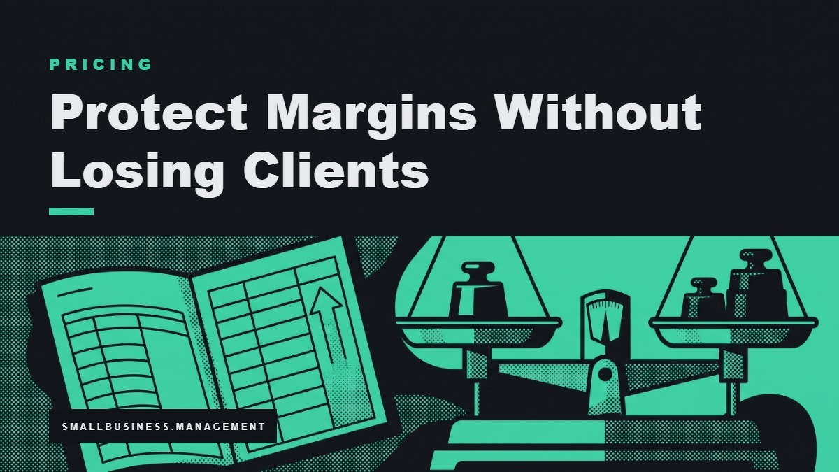 Social card for smallbusiness.management: "Protect Margins Without Losing Clients", flat-design graphic, split layout, cobalt palette, trend-up motif.