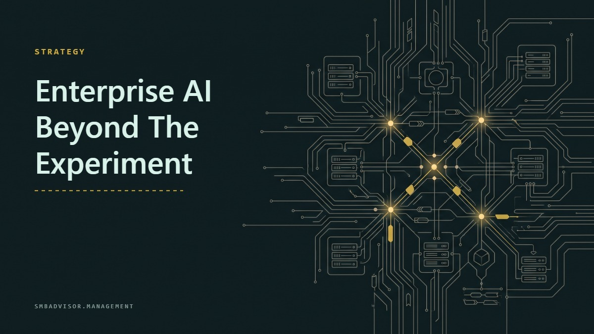 Social card for smbadvisor.management: "Enterprise AI Beyond The Experiment", flat-design graphic, split layout, slate palette, chart motif.