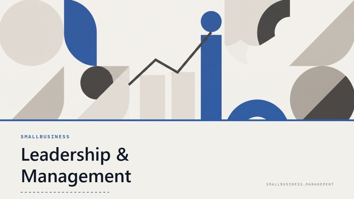 Social card for smallbusiness.management: "Leadership & Management", flat-design graphic, split layout, chart motif.