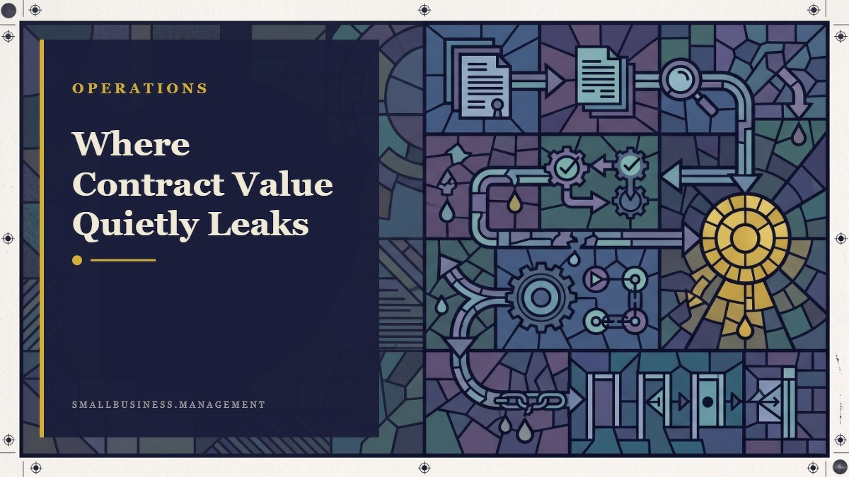 Social card for smallbusiness.management: "Where Contract Value Quietly Leaks", flat-design graphic, split layout, slate palette, chart motif.