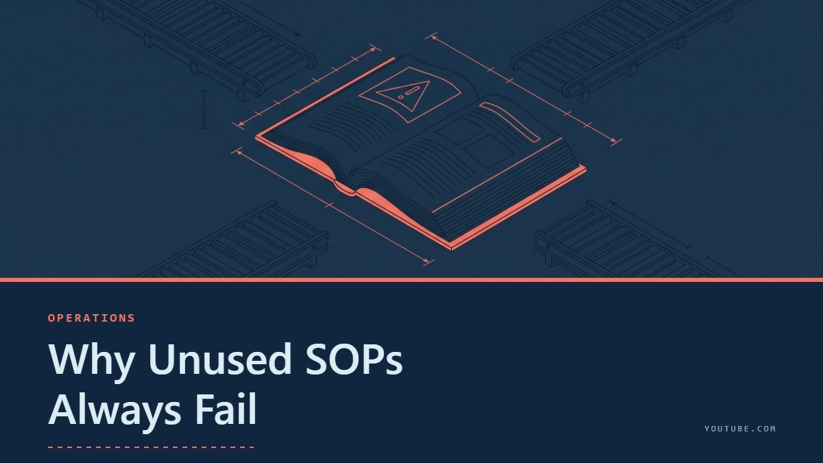 Social card for youtube.com: "Why Unused SOPs Always Fail", flat-design graphic, split layout, ink palette, checklist motif.