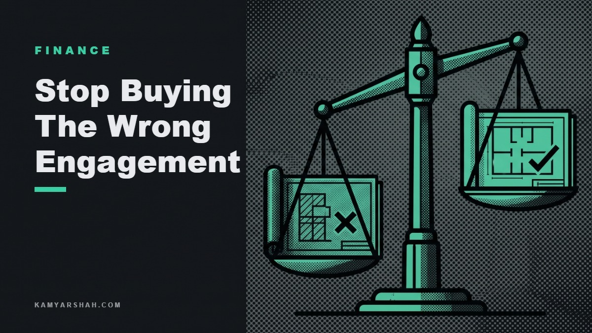 Social card for kamyarshah.com: "Stop Buying The Wrong Engagement", flat-design graphic, slab layout, slate palette, dollar motif.