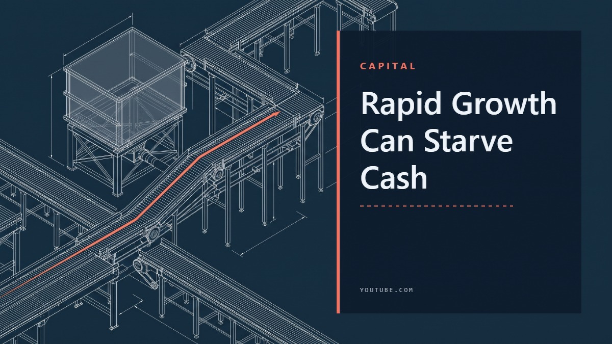 Social card for youtube.com: "Rapid Growth Can Starve Cash", flat-design graphic, split layout, warning motif.