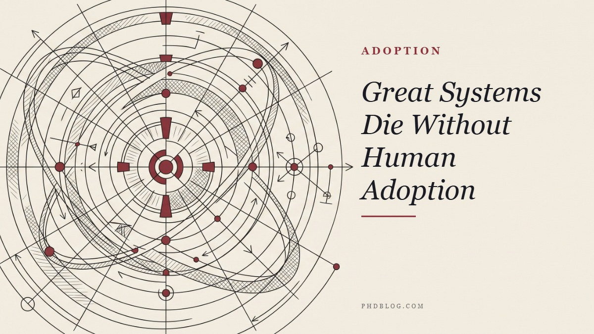 Social card for phdblog.com: "Great Systems Die Without Human Adoption", flat-design graphic, split layout, paper palette, roadmap motif.