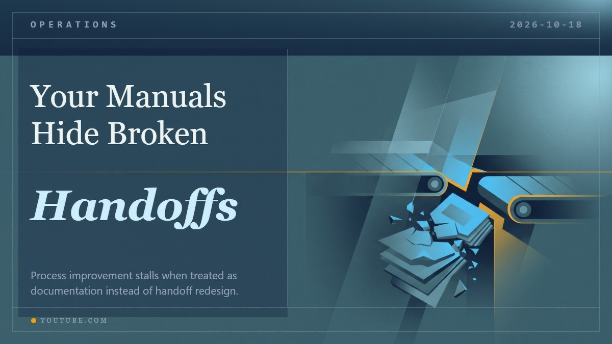 Social card for youtube.com: "Your Manuals Hide Broken Handoffs", flat-design graphic, split layout, link motif.