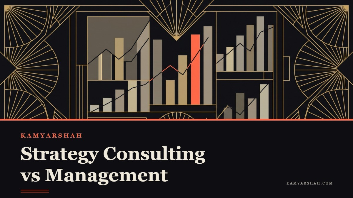 Social card for kamyarshah.com: "Strategy Consulting vs Management Consulting Explained", flat-design graphic, diagonal layout, chart motif.