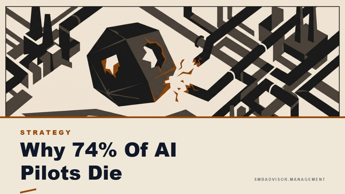 Social card for smbadvisor.management: "Why 74% Of AI Pilots Die", flat-design graphic, split layout, warning motif.