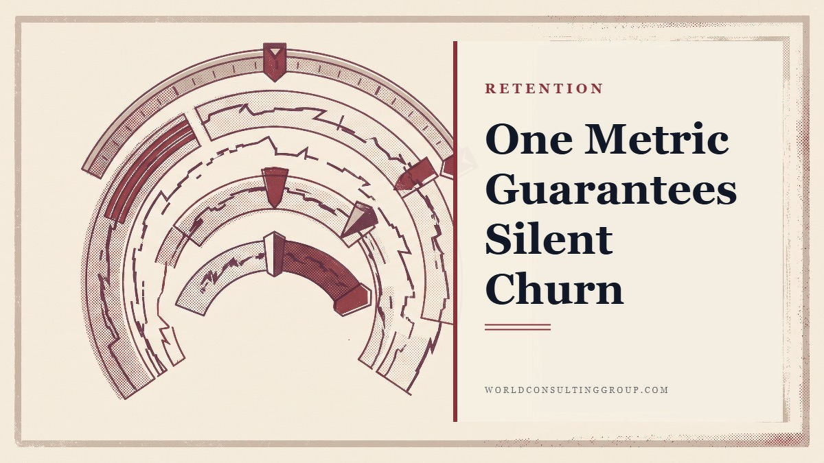 Social card for worldconsultinggroup.com: "One Metric Guarantees Silent Churn", flat-design graphic, slab layout, warning motif.