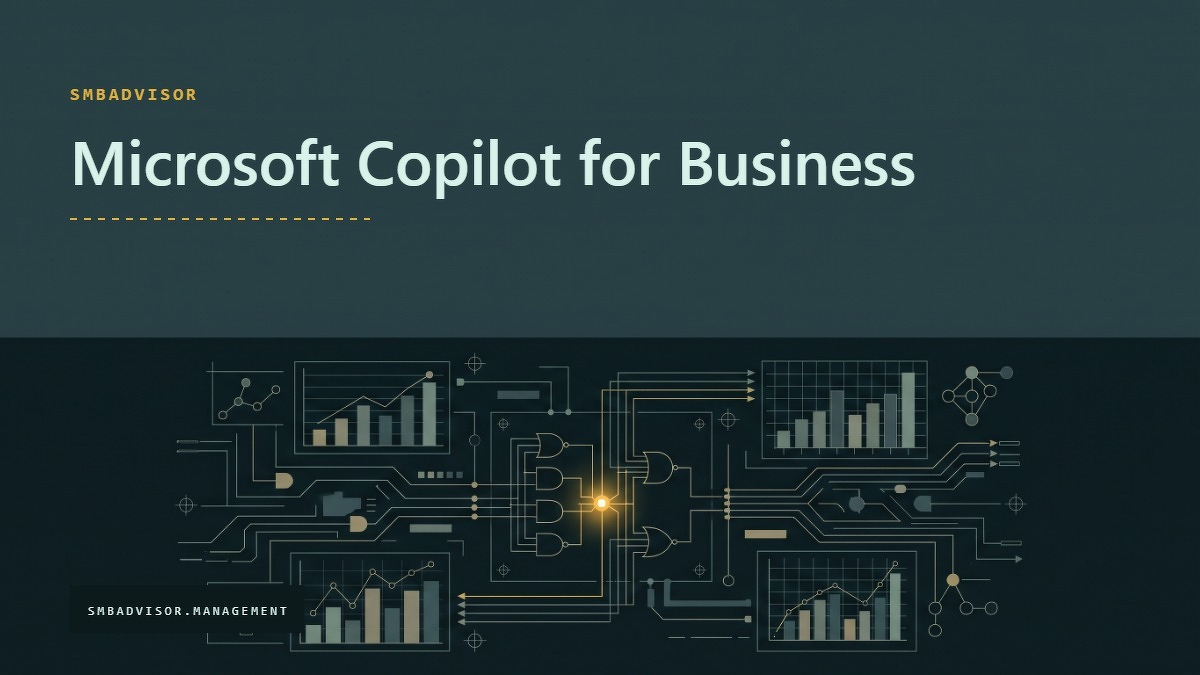 Social card for smbadvisor.management: "Microsoft Copilot for Business", flat-design graphic, diagonal layout, chart motif.