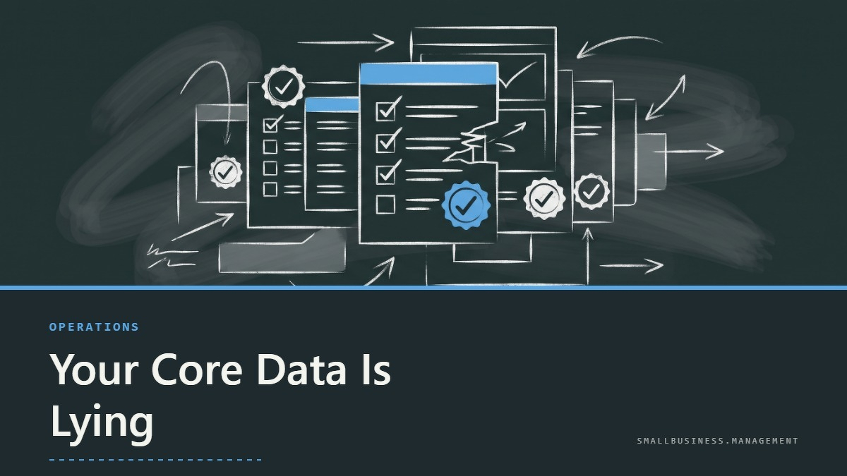 Social card for smallbusiness.management: "Your Core Data Is Lying", flat-design graphic, slab layout, checklist motif.