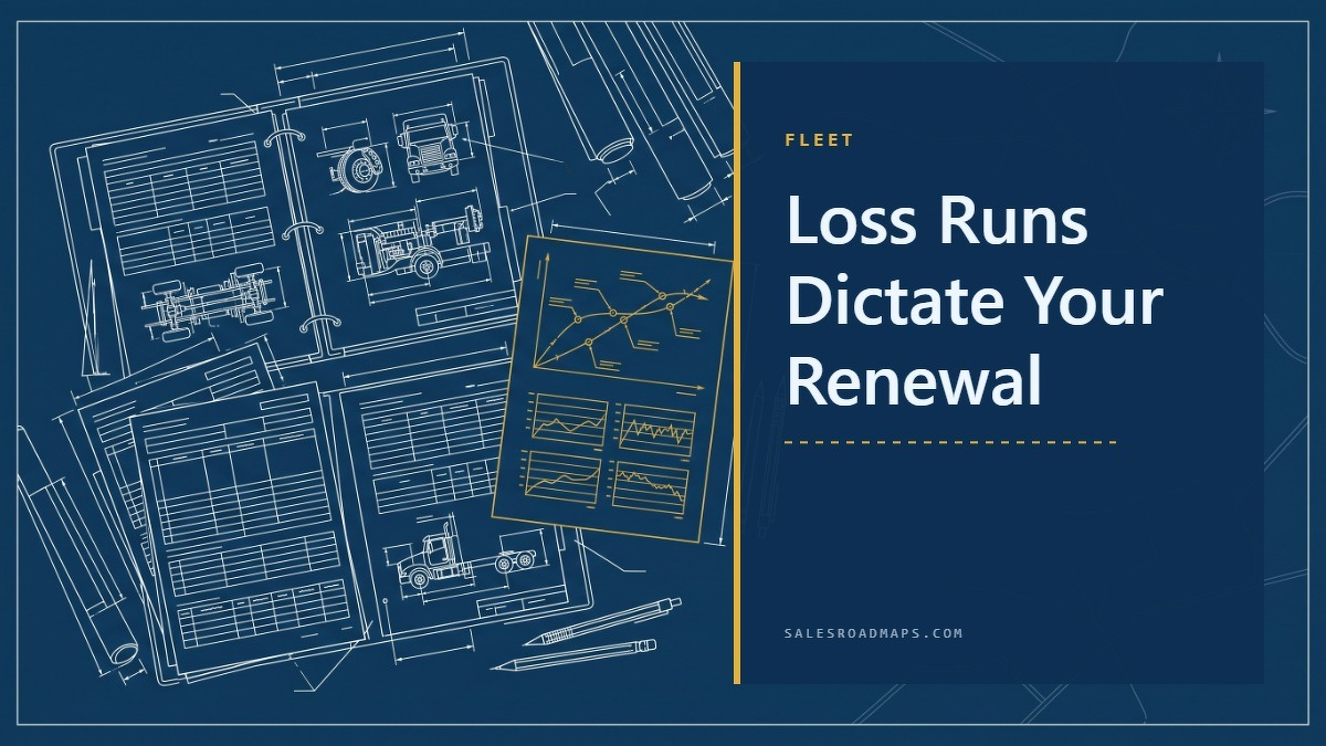 Social card for salesroadmaps.com: "Loss Runs Dictate Your Renewal", flat-design graphic, split layout, ink palette, chart motif.