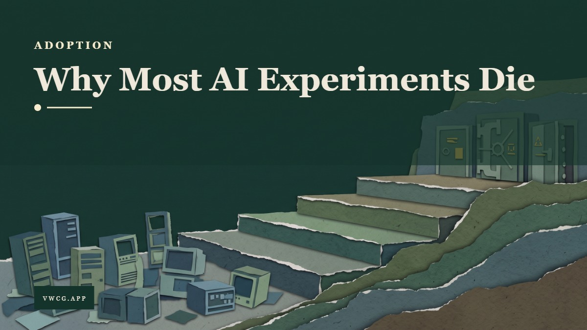 Social card for vwcg.app: "Why Most AI Experiments Die", flat-design graphic, slab layout, cobalt palette, roadmap motif.