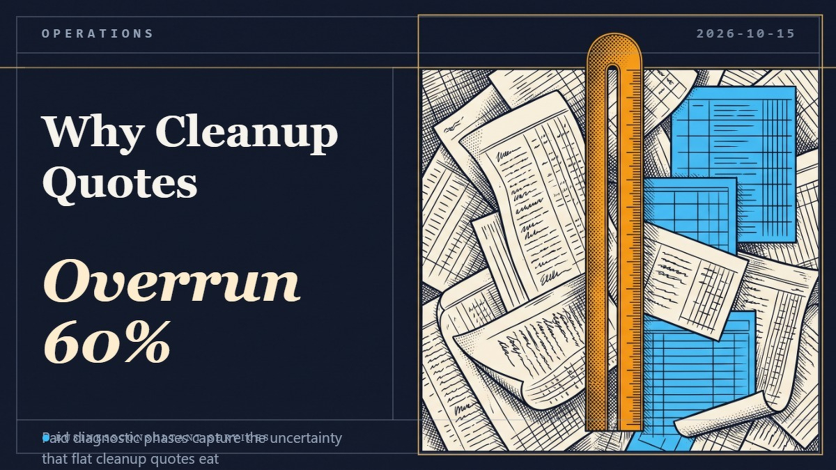 Social card for businessconsultant.services: "Why Cleanup Quotes Overrun 60%", flat-design graphic, split layout, chart motif.