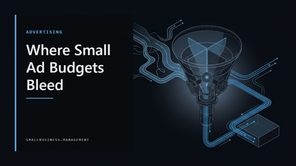 Social card for smallbusiness.management: "Where Small Ad Budgets Bleed", flat-design graphic, slab layout, warning motif.