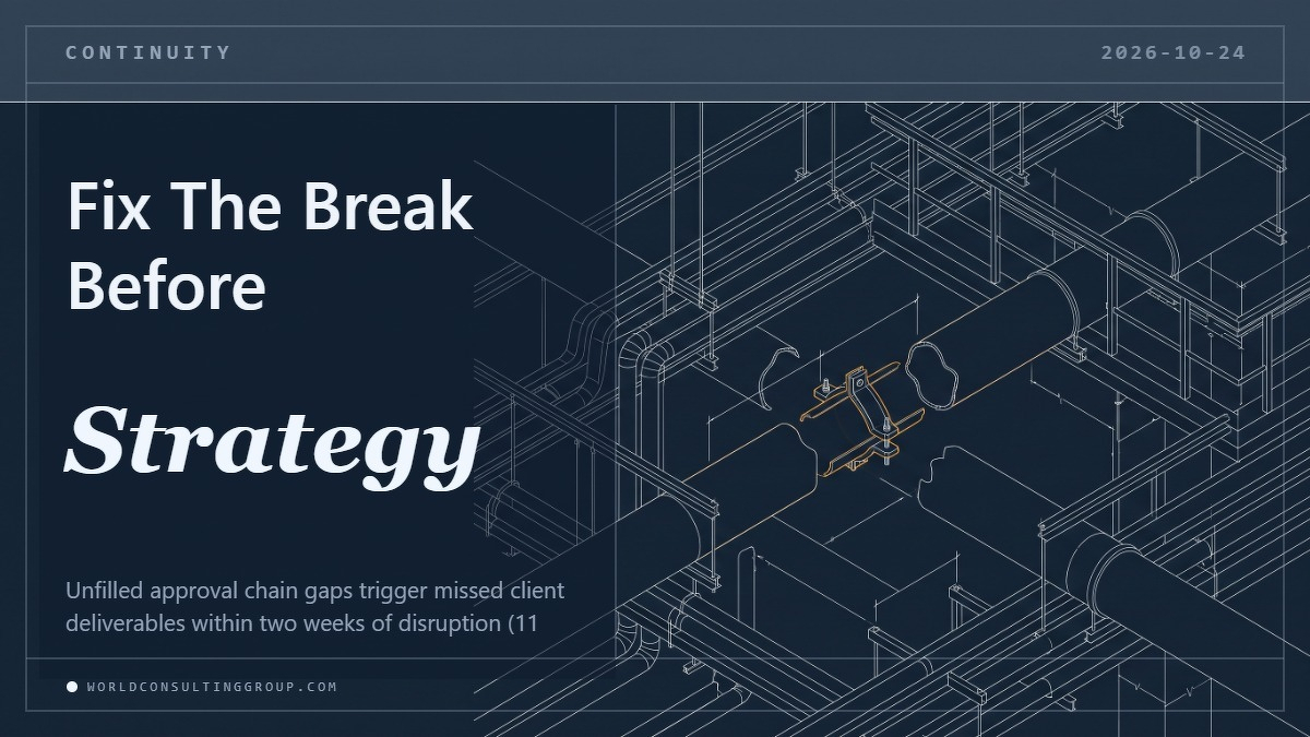 Social card for worldconsultinggroup.com: "Fix The Break Before Strategy", flat-design graphic, diagonal layout, link motif.