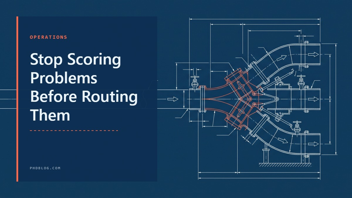 Social card for phdblog.com: "Stop Scoring Problems Before Routing Them", flat-design graphic, split layout, teal palette, roadmap motif.
