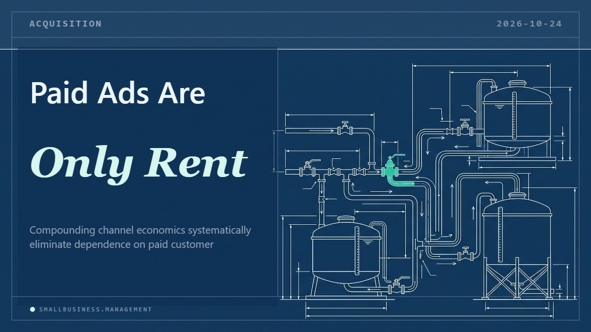 Social card for smallbusiness.management: "Paid Ads Are Only Rent", flat-design graphic, diagonal layout, chart motif.