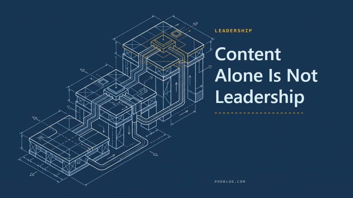 Social card for phdblog.com: "Content Alone Is Not Leadership", flat-design graphic, split layout, plum palette, roadmap motif.