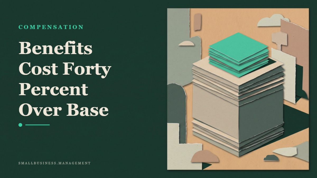 Social card for smallbusiness.management: "Benefits Cost Forty Percent Over Base", flat-design graphic, split layout, forest palette, dollar motif.