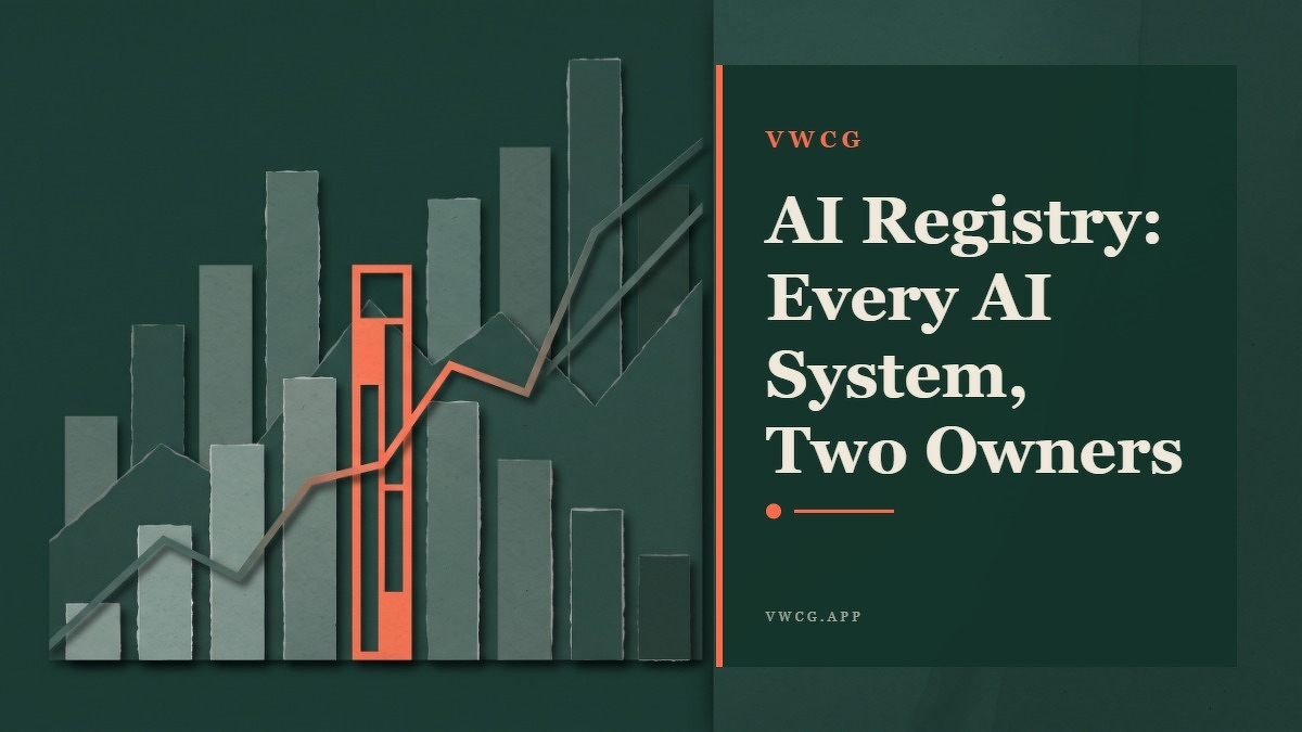 Social card for vwcg.app: "AI Registry: Every AI System, Two Owners", flat-design graphic, diagonal layout, chart motif.