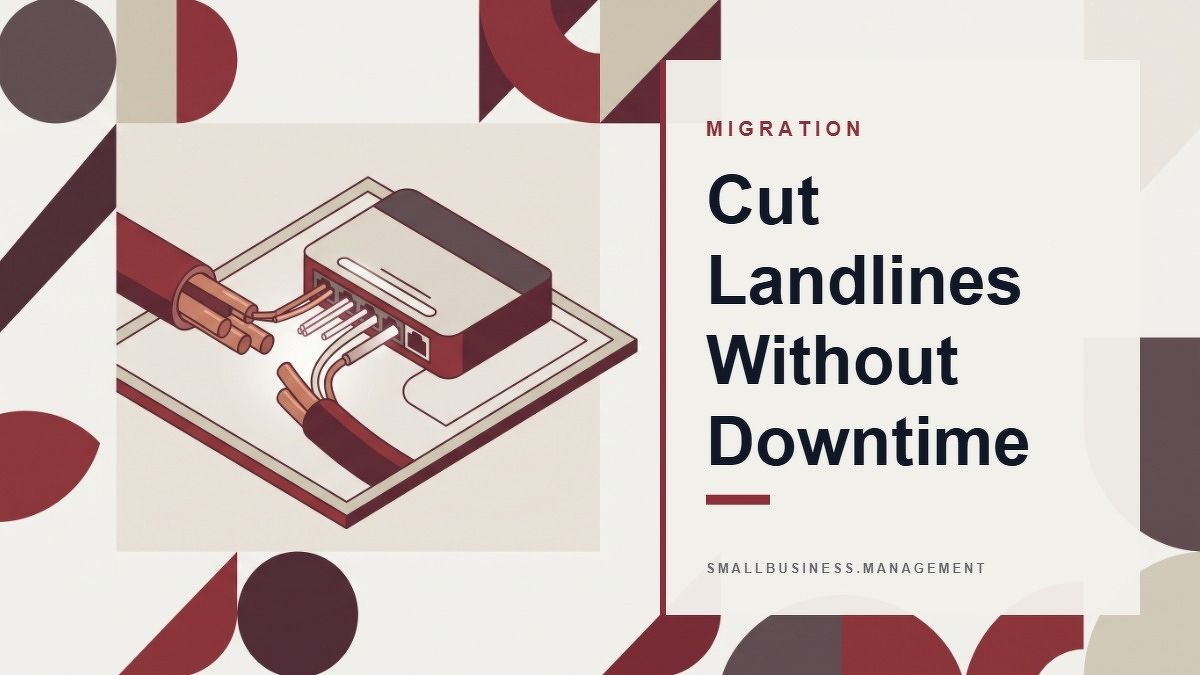 Social card for smallbusiness.management: "Cut Landlines Without Downtime", flat-design graphic, split layout, plum palette, roadmap motif.