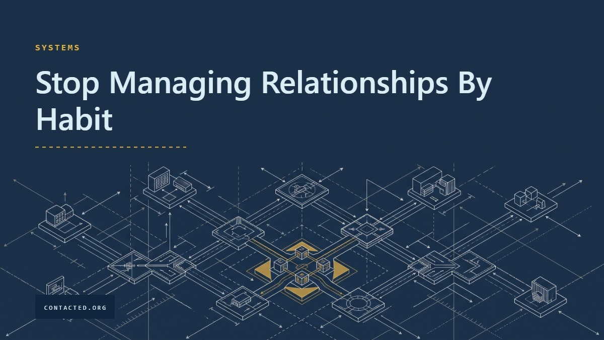 Social card for contacted.org: "Stop Managing Relationships By Habit", flat-design graphic, split layout, cobalt palette, link motif.