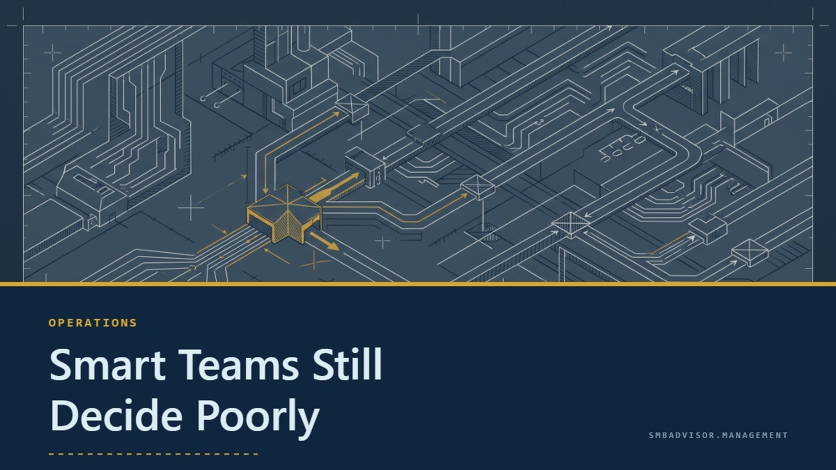 Social card for smbadvisor.management: "Smart Teams Still Decide Poorly", flat-design graphic, split layout, ink palette, roadmap motif.
