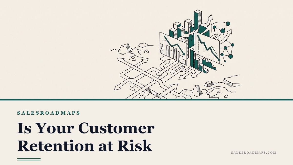 Social card for salesroadmaps.com: "Is Your Customer Retention at Risk from", flat-design graphic, diagonal layout, chart motif.