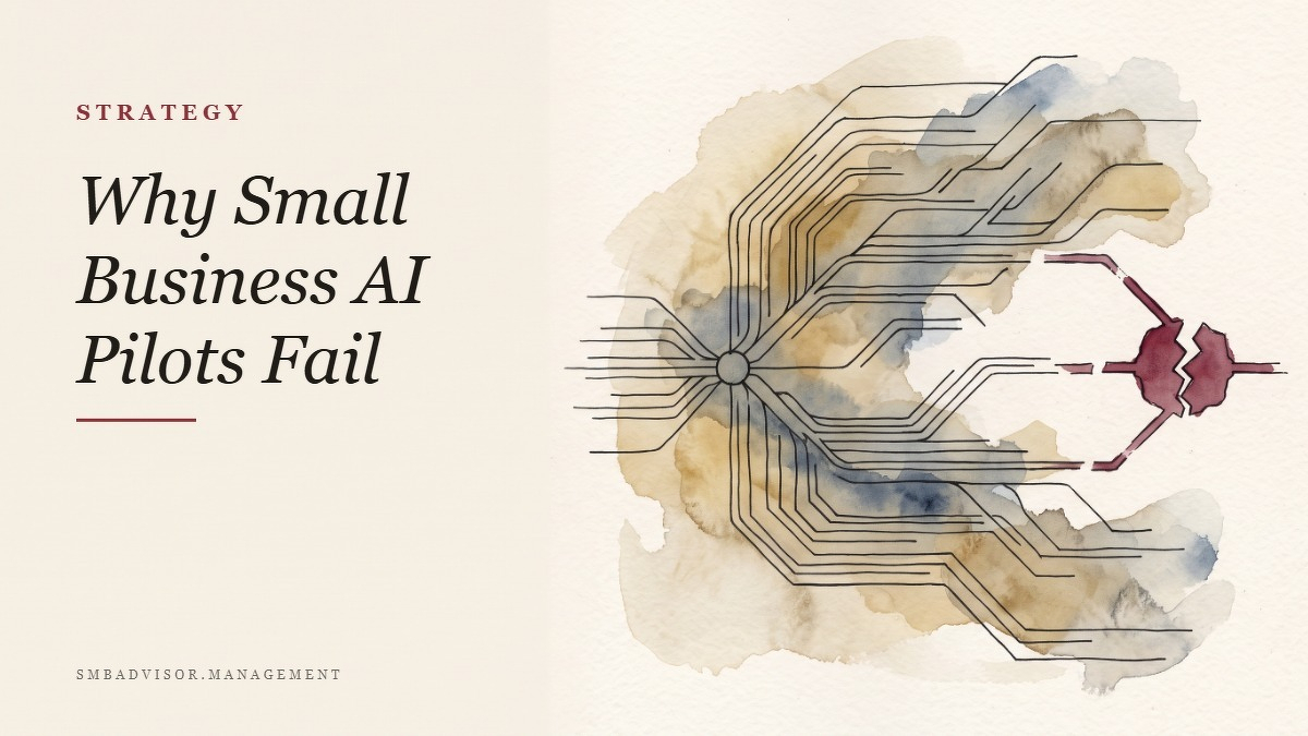 Social card for smbadvisor.management: "Why Small Business AI Pilots Fail", flat-design graphic, split layout, oxblood palette, warning motif.