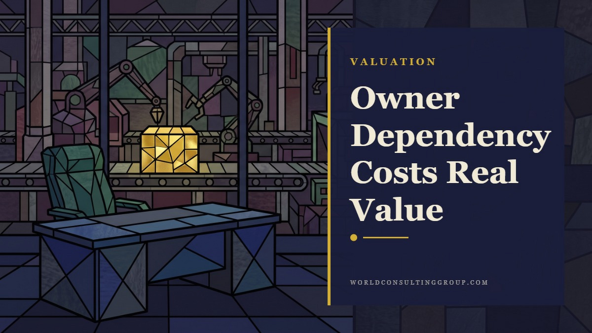 Social card for worldconsultinggroup.com: "Owner Dependency Costs Real Value", flat-design graphic, split layout, cobalt palette, warning motif.
