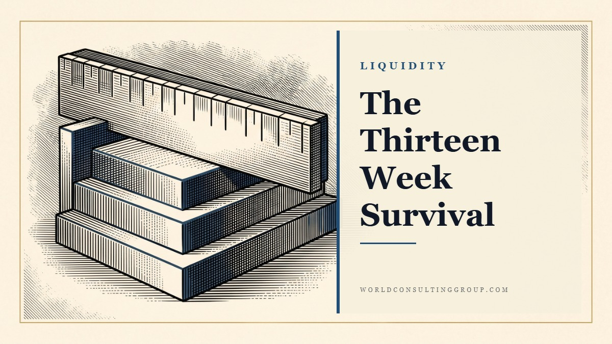 Social card for worldconsultinggroup.com: "The Thirteen Week Survival Window", flat-design graphic, split layout, forest palette, chart motif.