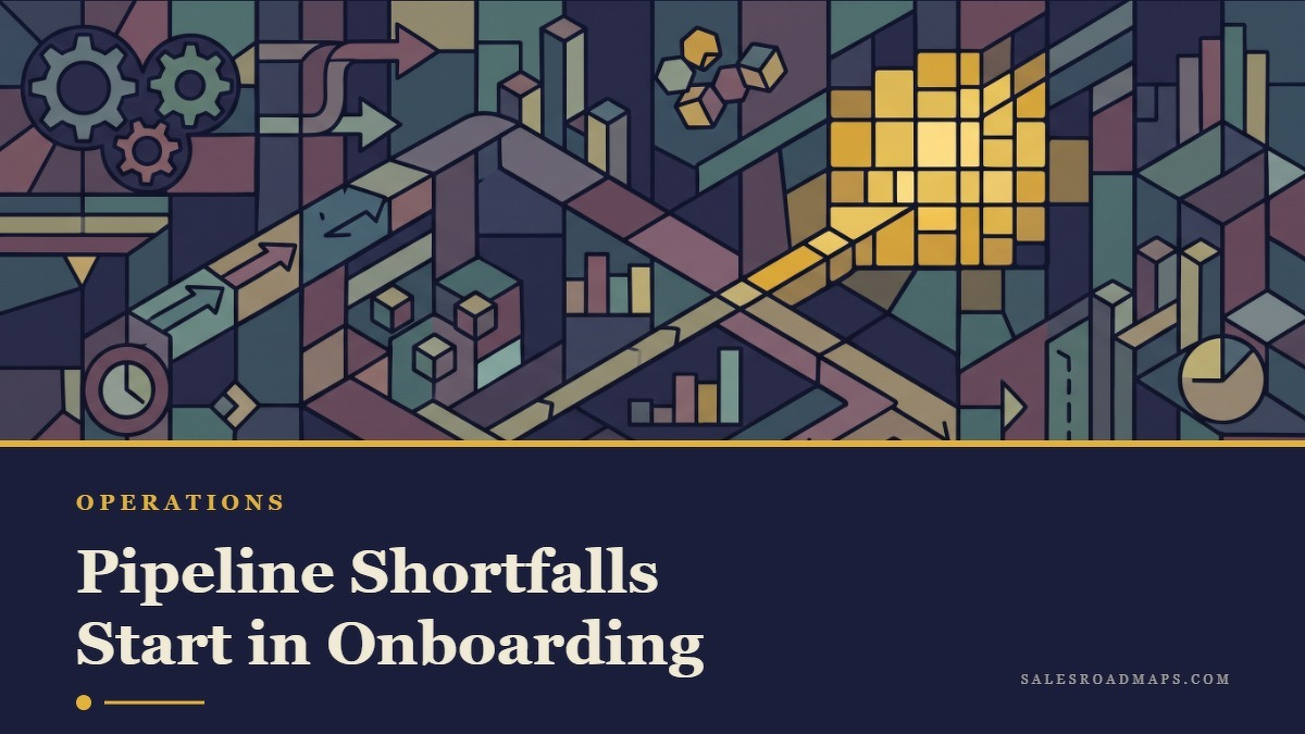 Social card for salesroadmaps.com: "Pipeline Shortfalls Start in Onboarding", flat-design graphic, split layout, forest palette, roadmap motif.