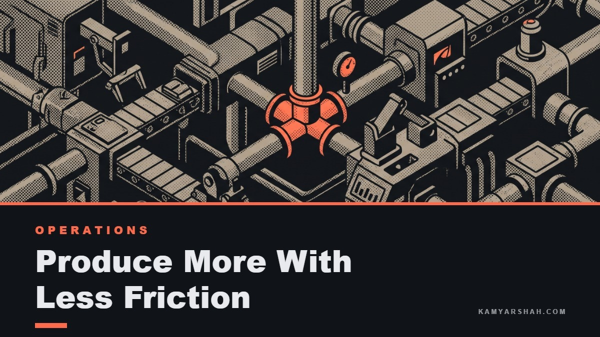 Social card for kamyarshah.com: "Produce More With Less Friction", flat-design graphic, split layout, ink palette, gear motif.