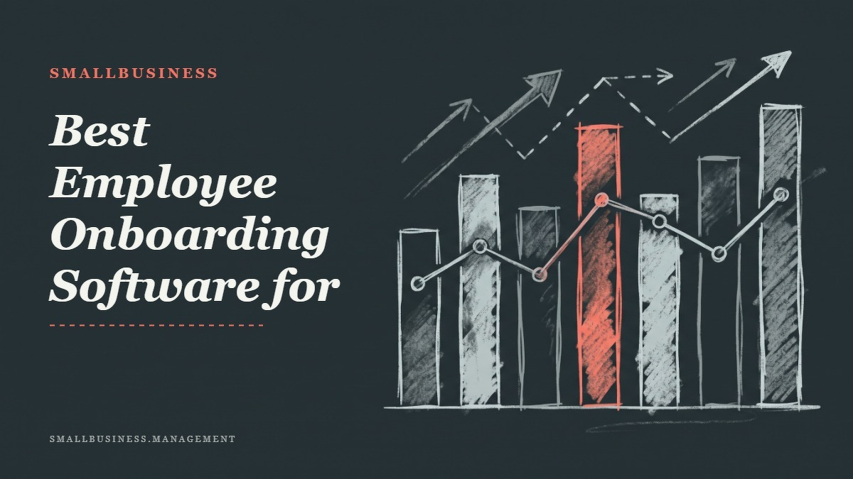 Social card for smallbusiness.management: "Best Employee Onboarding Software for Small Business", flat-design graphic, diagonal layout, chart motif.