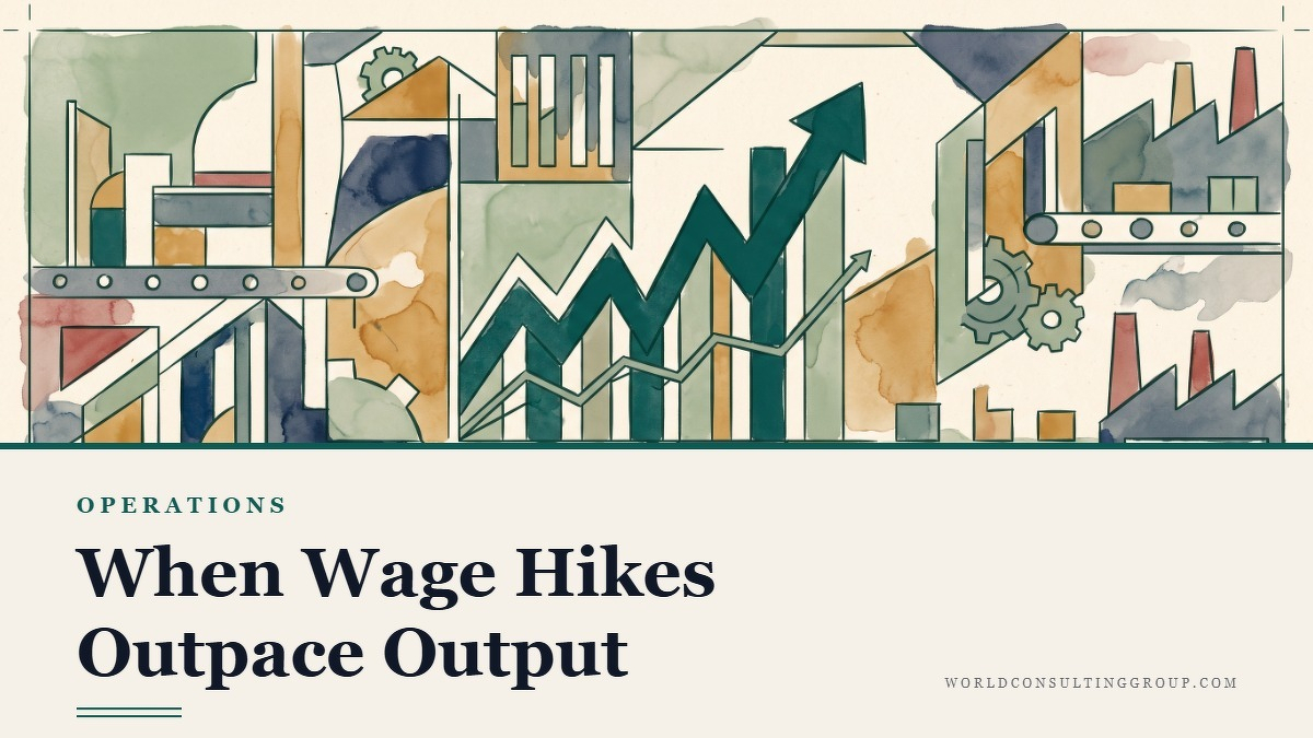 Social card for worldconsultinggroup.com: "When Wage Hikes Outpace Output", flat-design graphic, split layout, forest palette, chart motif.