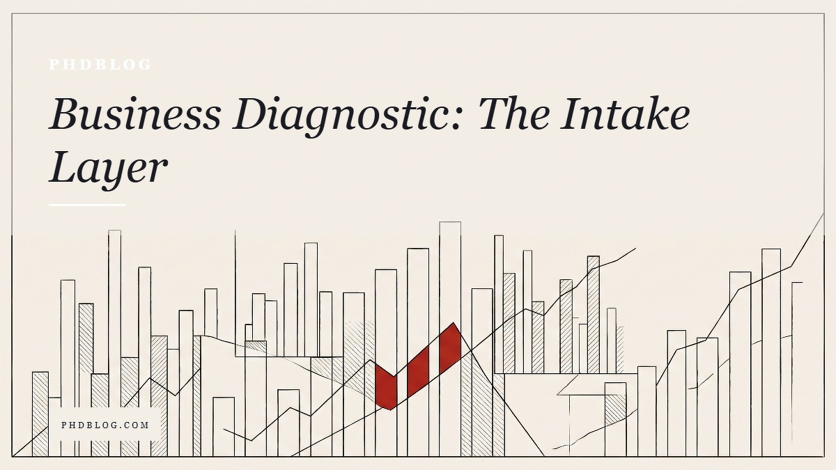 Social card for phdblog.com: "Business Diagnostic: The Intake Layer", flat-design graphic, diagonal layout, chart motif.