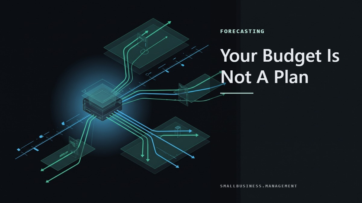 Social card for smallbusiness.management: "Your Budget Is Not A Plan", flat-design graphic, diagonal layout, chart motif.