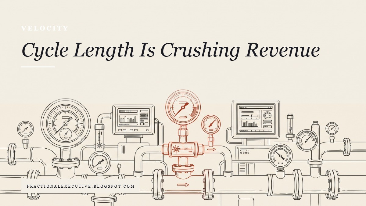 Social card for fractionalexecutive.blogspot.com: "Cycle Length Is Crushing Revenue", flat-design graphic, split layout, chart motif.