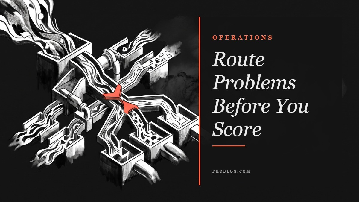 Social card for phdblog.com: "Route Problems Before You Score", flat-design graphic, split layout, teal palette, roadmap motif.