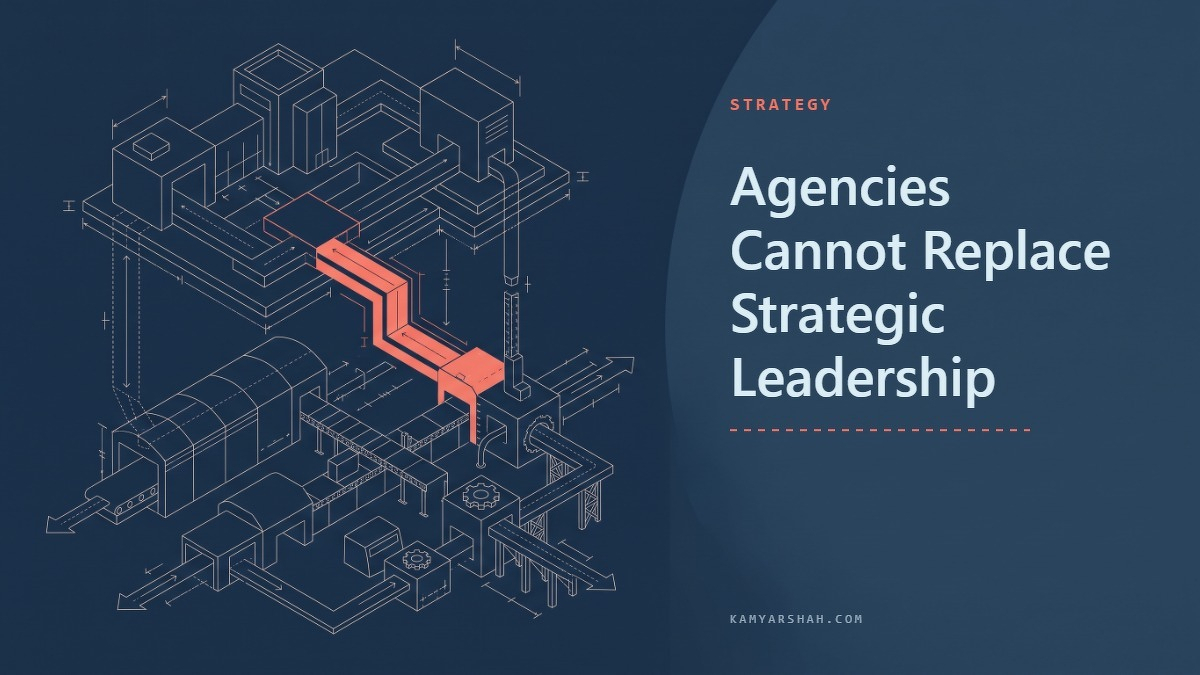 Social card for kamyarshah.com: "Agencies Cannot Replace Strategic Leadership", flat-design graphic, split layout, oxblood palette, roadmap motif.