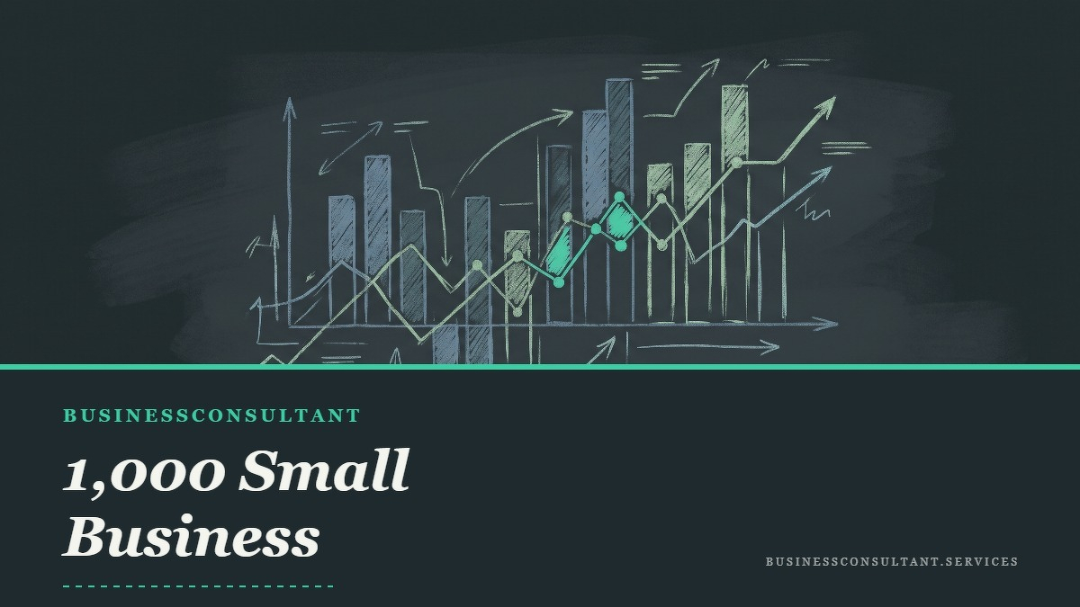 Social card for businessconsultant.services: "1,000 Small Business Operations Questions, Answered", flat-design graphic, split layout, chart motif.