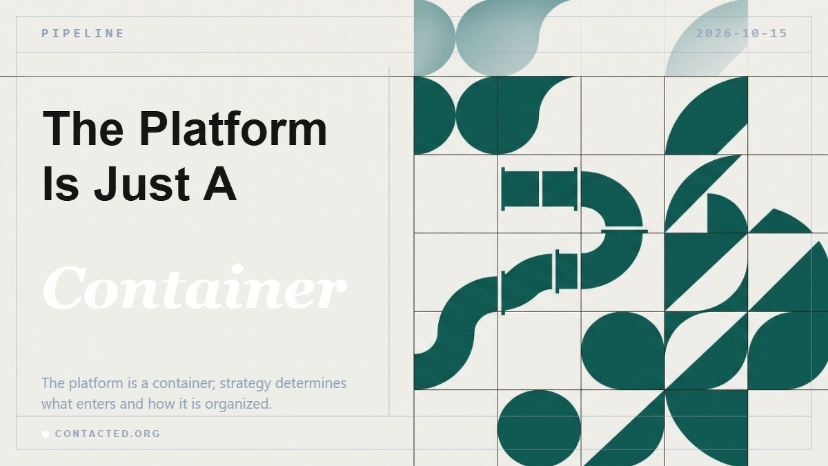 Social card for contacted.org: "The Platform Is Just A Container", flat-design graphic, split layout, forest palette, roadmap motif.