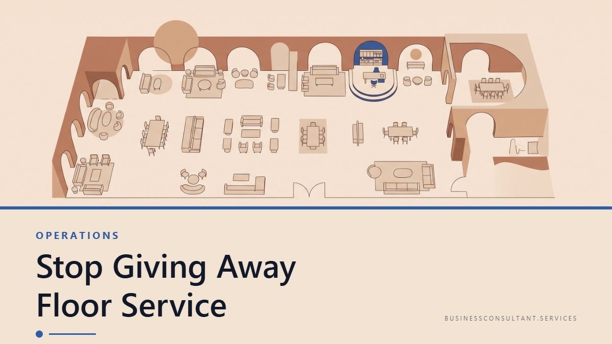 Social card for businessconsultant.services: "Stop Giving Away Floor Service", flat-design graphic, split layout, paper palette, dollar motif.
